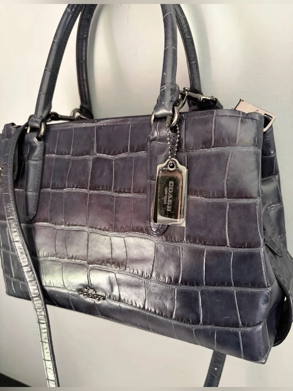 COACH Brooklyn Carryall 28 Navy Blue Croc Embossed Leather Crossbody Satchel Bag